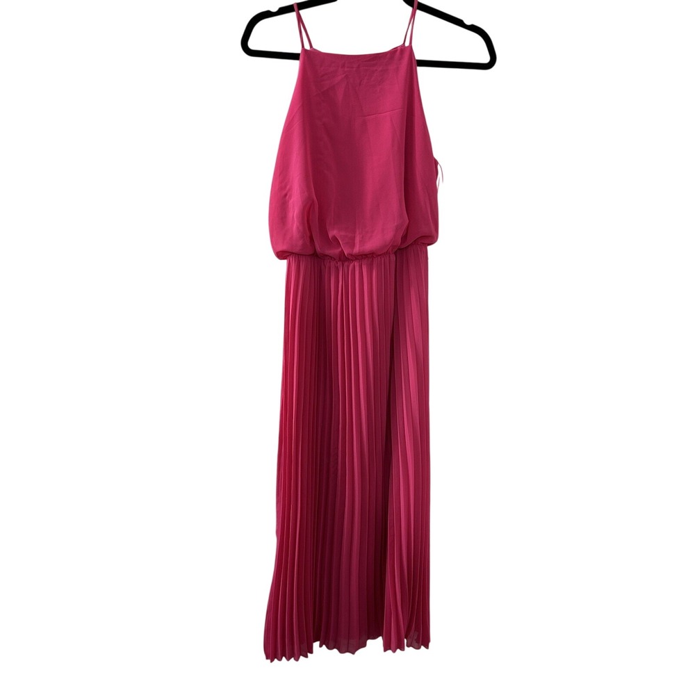Sam Edelman Solid Maxi Dress XS Pink Pleated Halter Barbiecore‎ Wedding Guest